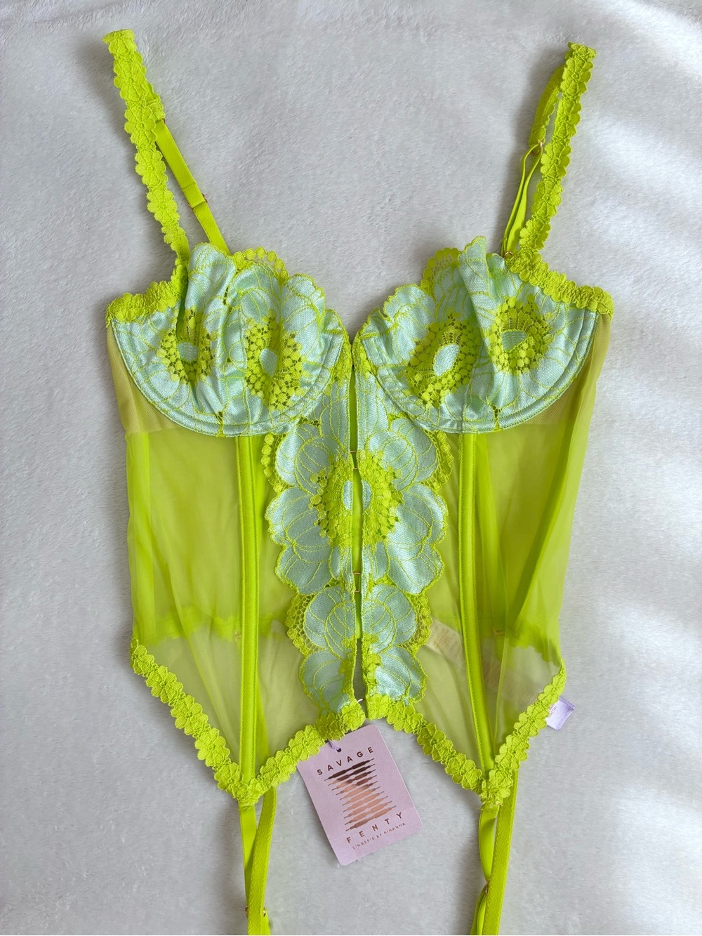 Savage X Fenty Neon Lime Lace Underwire Bustier with Floral Embroidery